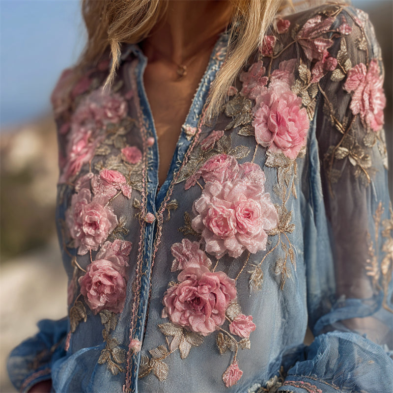 Comstylish Vintage Pink Flowers Glitter Embroidered Flowy Linen Blouse