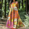 Women's Floral Art Print Crew Neck Sleeveless Cotton Pocket Dress
