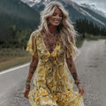 Comstylish Women's Vintage Yellow Roses And Floral Art Print V-neck Mini Dress