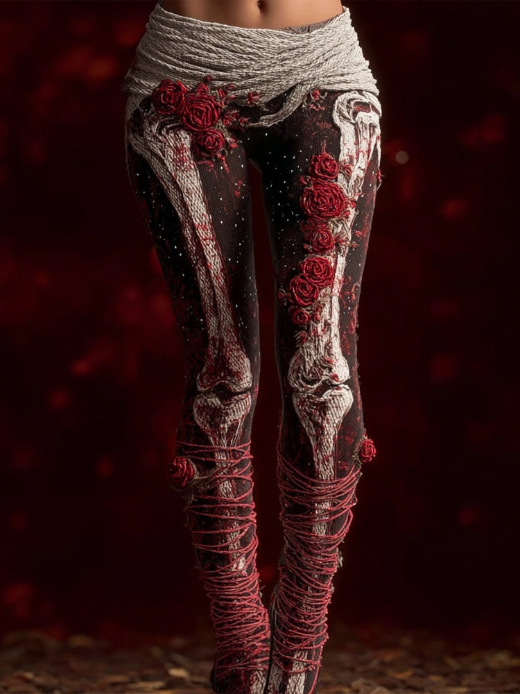 Comstylish Retro Skeleton Anatomy Bloody Roses Bandages Knit Leggings