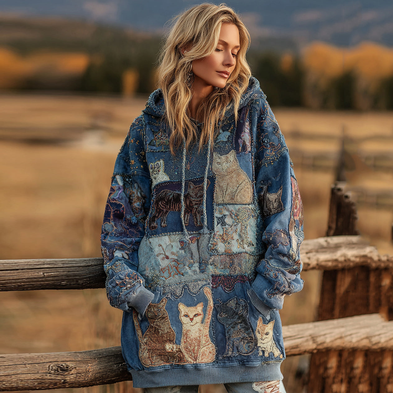 Comstylish Women's Denim Patchwork Cute Cat Print Hooded Sweatshirt Dress