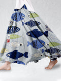 Comstylish Vintage Fish Japanese Art Linen Blend Flowy Wide Skirt