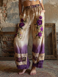 Boho Vintage Floral Lace Patchwork Art Women's Linen Trousers artswardrobe