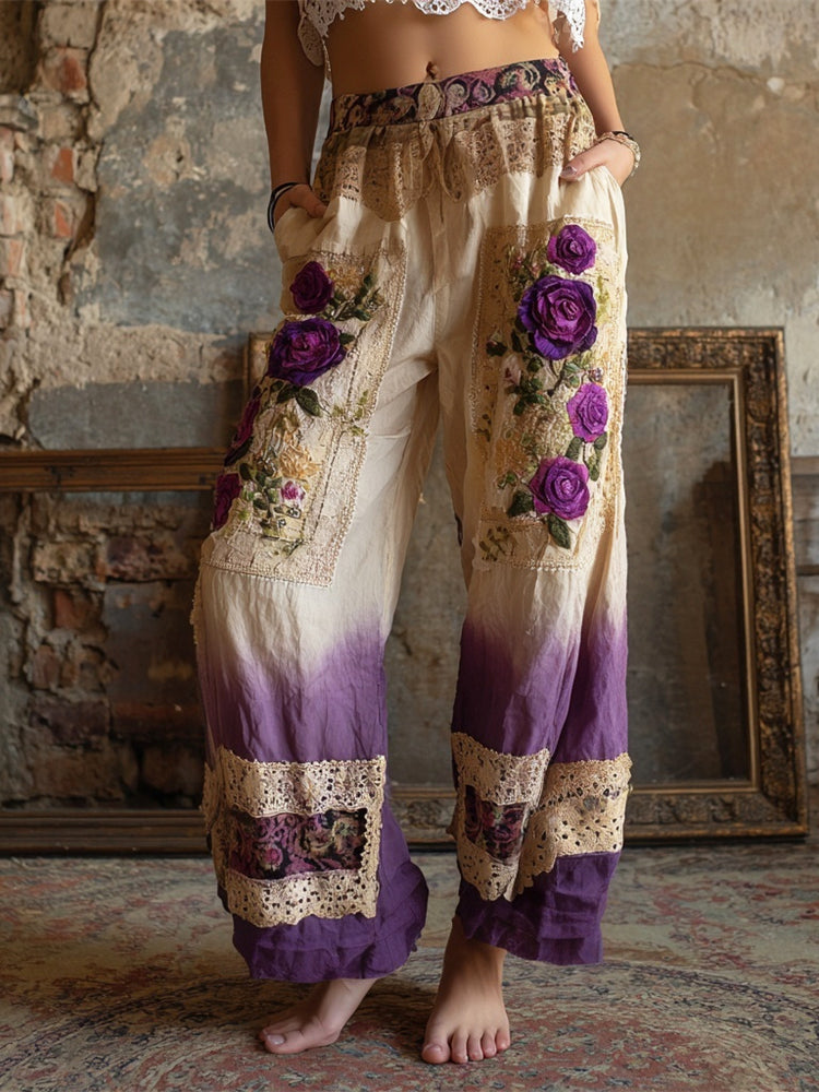 Boho Vintage Floral Lace Patchwork Art Women's Linen Trousers artswardrobe