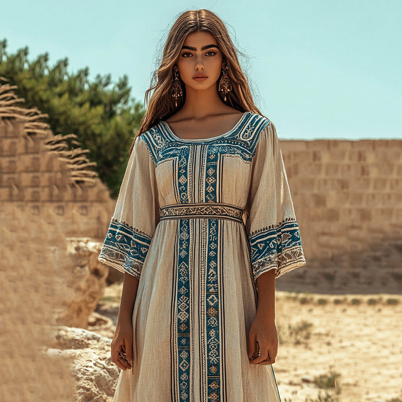 Retro Classic Greek Ethnic Graphics Crew Neck Linen Blend Maxi Dress artswardrobe