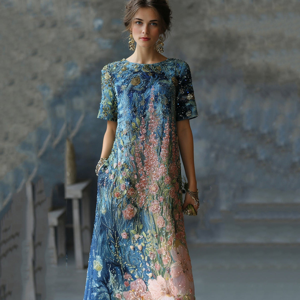 Art Oil Painting Floral Sequin Gradient Maxi Dress