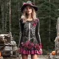 Comstylish Halloween Witch Skeleton & Floral Women's Long-sleeve Mini Dress