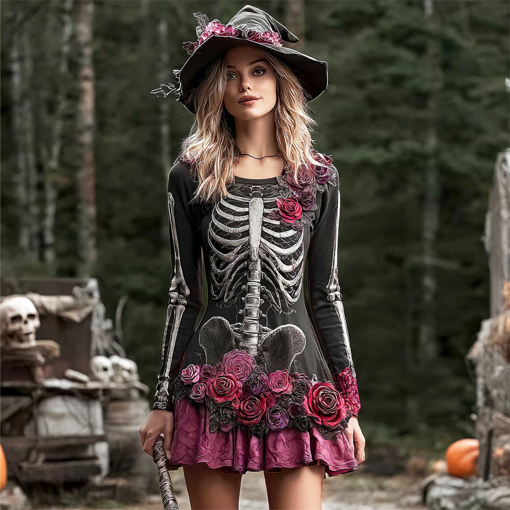 Comstylish Halloween Witch Skeleton & Floral Women's Long-sleeve Mini Dress