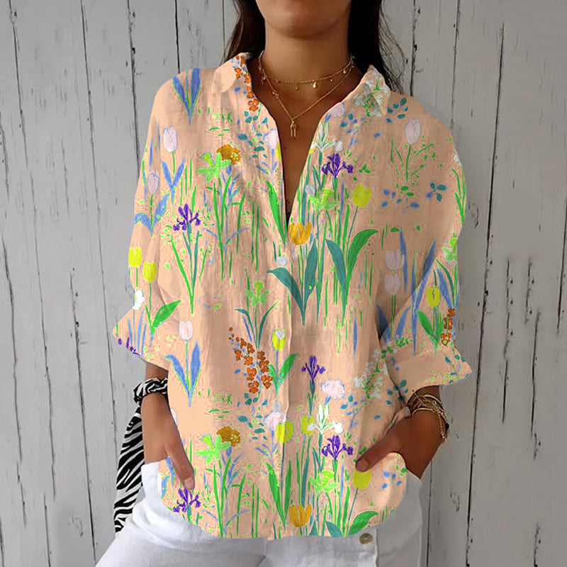 Women's Floral Print Long Sleeve Casual Linen Blend Shirt artswardrobe