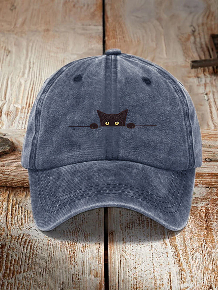 Comstylish Japanese Art Black Cat Print Washed Hat