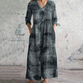 Vintage Striped Art Print V-neck Linen Blend Midi Dress artswardrobe