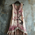Comstylish Women's Cherry Blossom Embroidery Lace Patchwork Art Linen Tank Dress