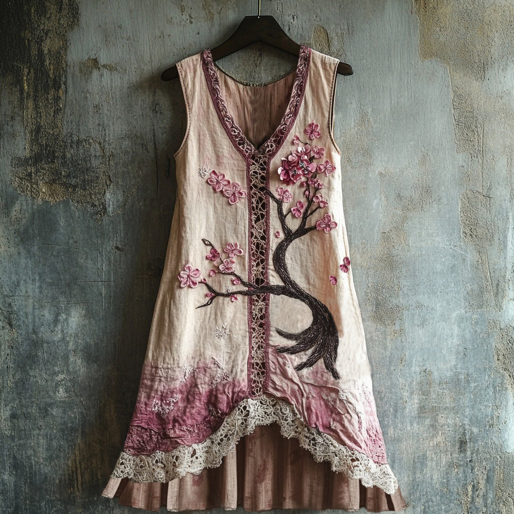 Comstylish Women's Cherry Blossom Embroidery Lace Patchwork Art Linen Tank Dress