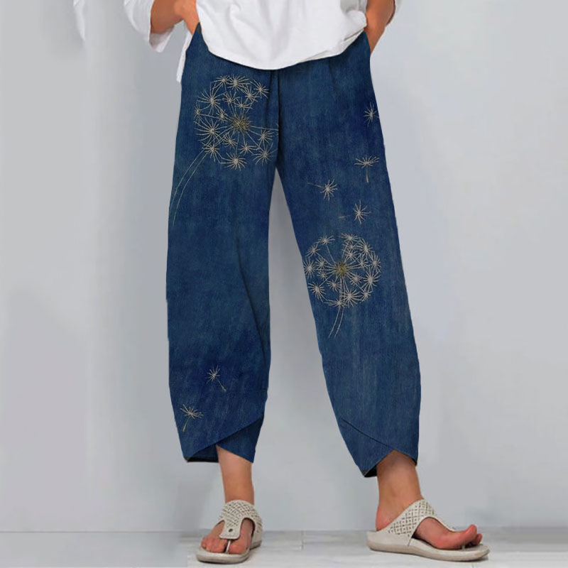 Comstylish Retro Japanese Traditional Sashiko Dandelion Art Pattern Cropped Casual Pants