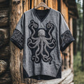 Retro Viking Crusoe Octopus Art Linen V-neck T-shirt artswardrobe