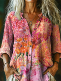 Women's Hippie Floral Collage Art Pattern Print Casual Cotton Linen Sh
