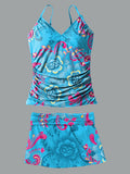 Blue Flower V-Neck Vintage Flowers Print Suspender Skirt Tankini Pantskirt Set Swimsuit