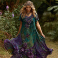 Women's Retro Purple Rose Pattern Gradient Short Sleeve Dress artswardrobe