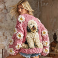 Vintage Fluffy Cute Dogs With Daisy Floral Art Inspired Embroidered Cozy Knit Sweater Cardigan artswardrobe