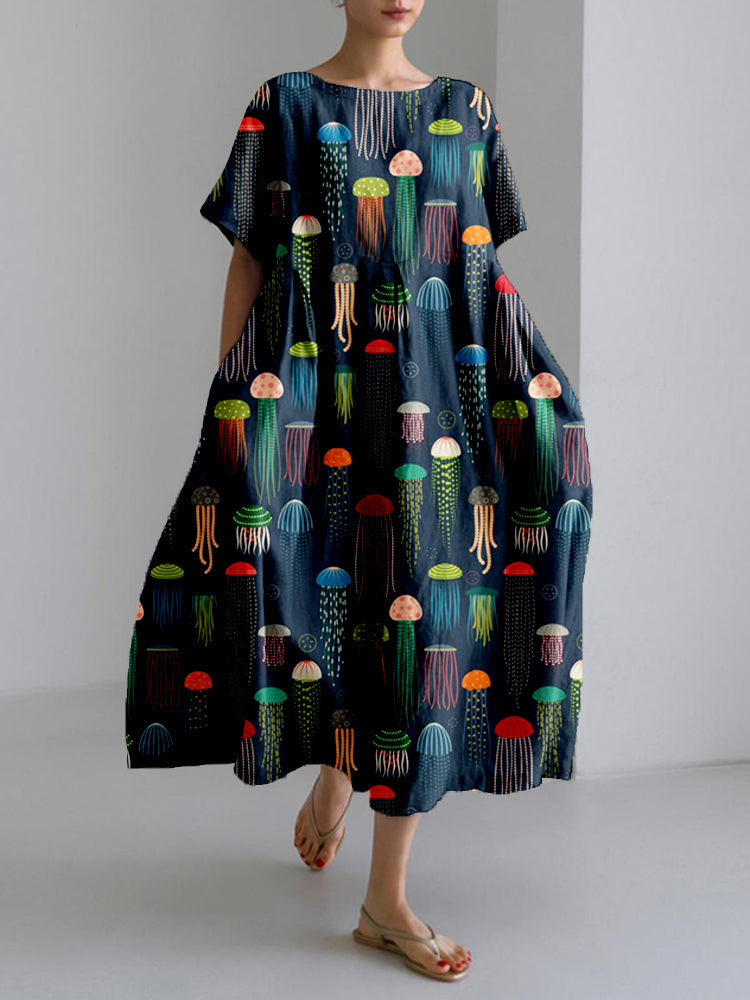 Comstylish Colorful Jellyfish Art Pattern Linen Blend Maxi Dress