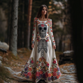 Comstylish Woman's Round-necked Cotton And Linen Dress Is Designed With A Combination Of Halloween Plants, Flowers, And Skull Skeletons.