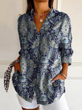 Women's Vintage Ethnic Floral Art Print Casual Cotton Shirt