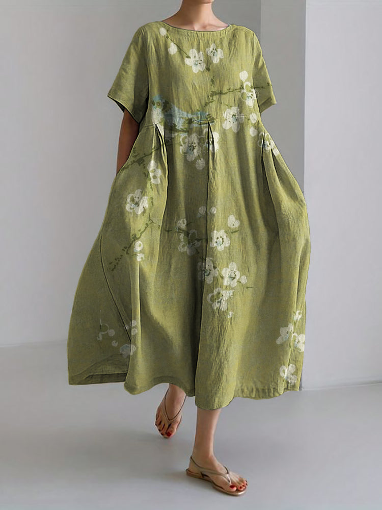 Comstylish Bird on Plum Blossom Branches Japanese Linen Blend Maxi Dress