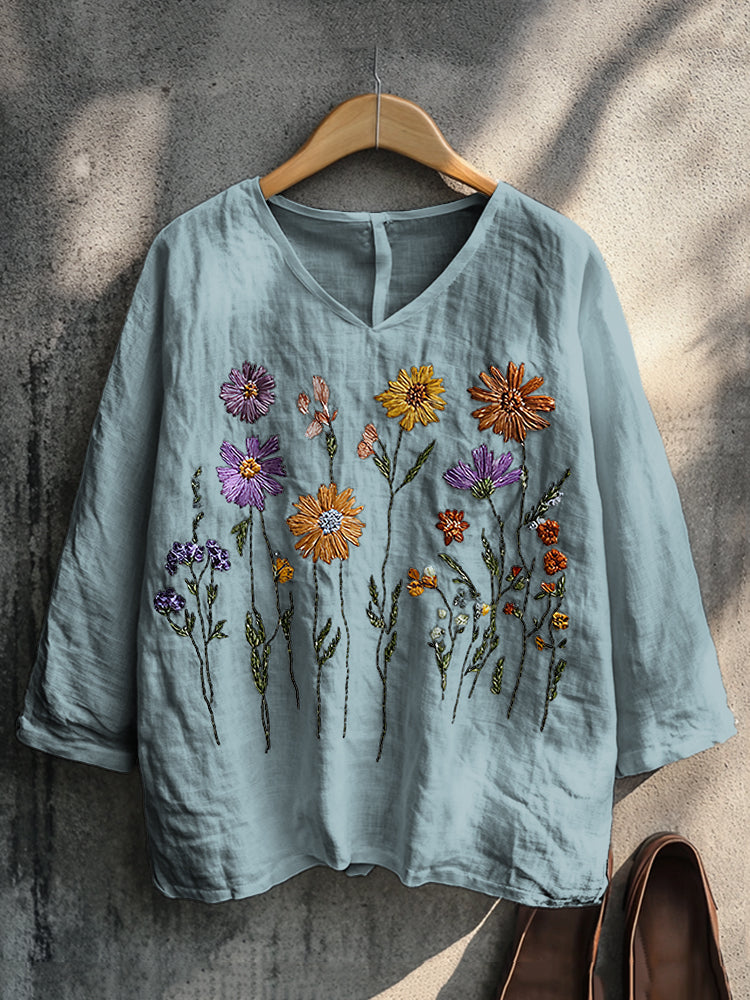 Comstylish Boho Floral Embroidery Print Cotton And Linen Blend Loose Blouse