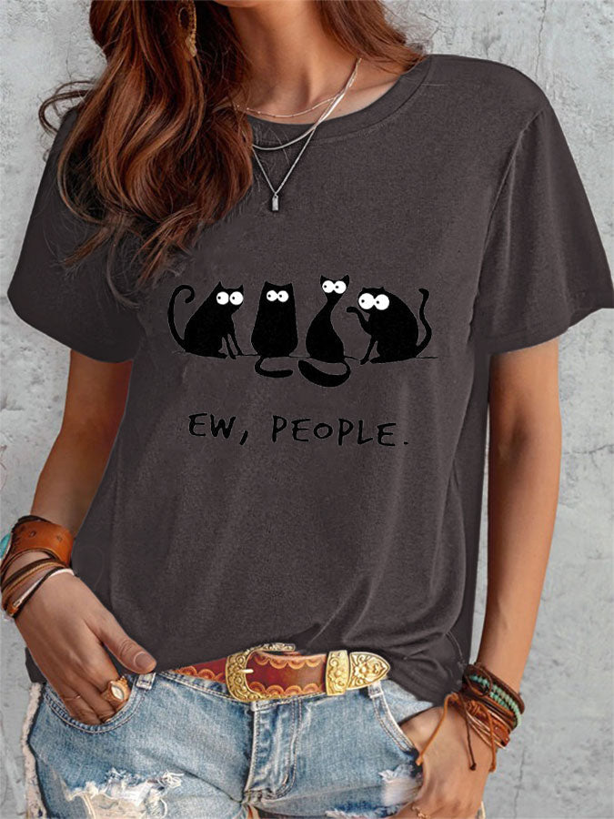 Comstylish Ew,People Black Cat Print T-shirt