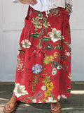 Women's Retro Flower Print Linen Pocket Skirt