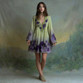 Purple Floral Embroidered Gradient Flowy Linen Mini Dress artswardrobe
