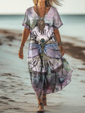 Women's Vintage Dragonfly Art Print Pocket Cotton Dress