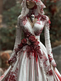 Comstylish Women's Halloween Blood Red Rose V-neck Long Sleeved Dress