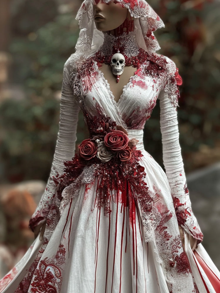 Comstylish Women's Halloween Blood Red Rose V-neck Long Sleeved Dress