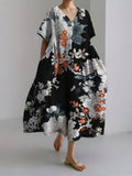 Comstylish Japanese Floral Art Linen Blend Maxi Dress