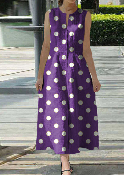 Purple Polka Dots Sleeveless V-neck Back Zipper Pocket Dress
