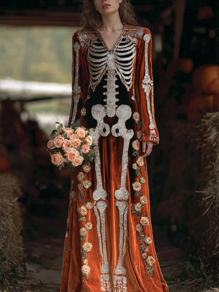 Comstylish Vintage Glitter Skeleton Roses Embroidered Comfy Maxi Velvet Dress
