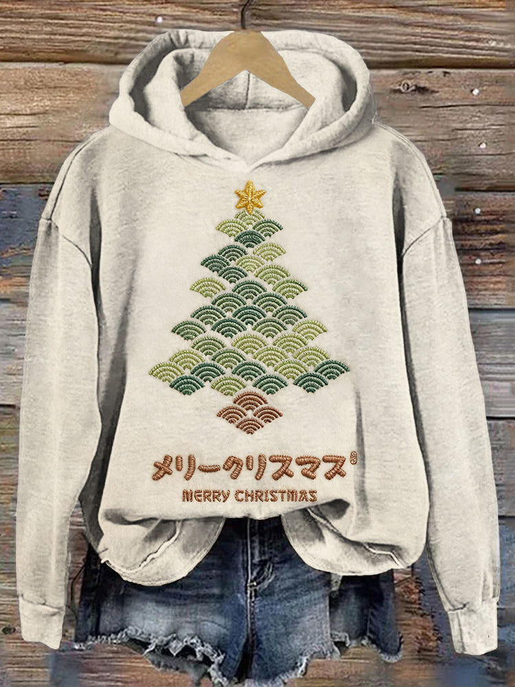 Comstylish Japanese Waves Christmas Tree Embroidered Washed Hoodie