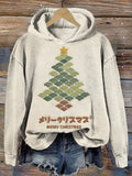 Comstylish Japanese Waves Christmas Tree Embroidered Washed Hoodie