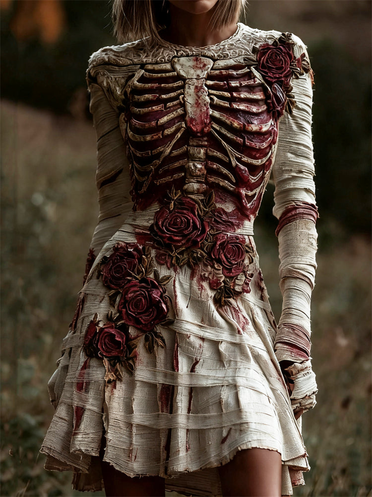 Comstylish Halloween Bloody Rib Cage Red Roses Bandages Comfy Mini Dress