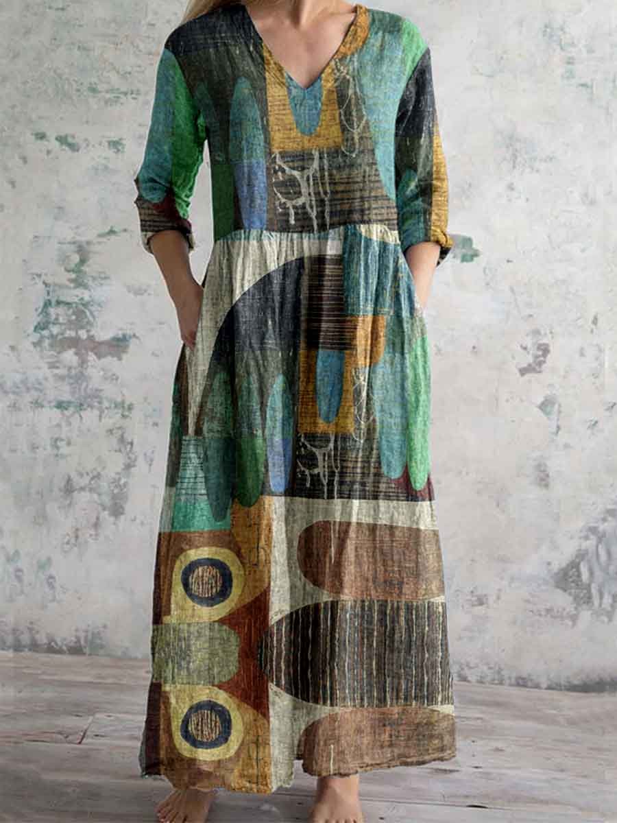 Women's Art Geometric Textured V-Neck Cotton and Linen Dress with Pock