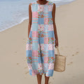 Women's Vintage Flower Geometry Art Print Linen Vest Dress artswardrobe