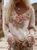 Women's Vintage Embroidered Flower Patchwork Long-sleeved V-neck Sweater artswardrobe