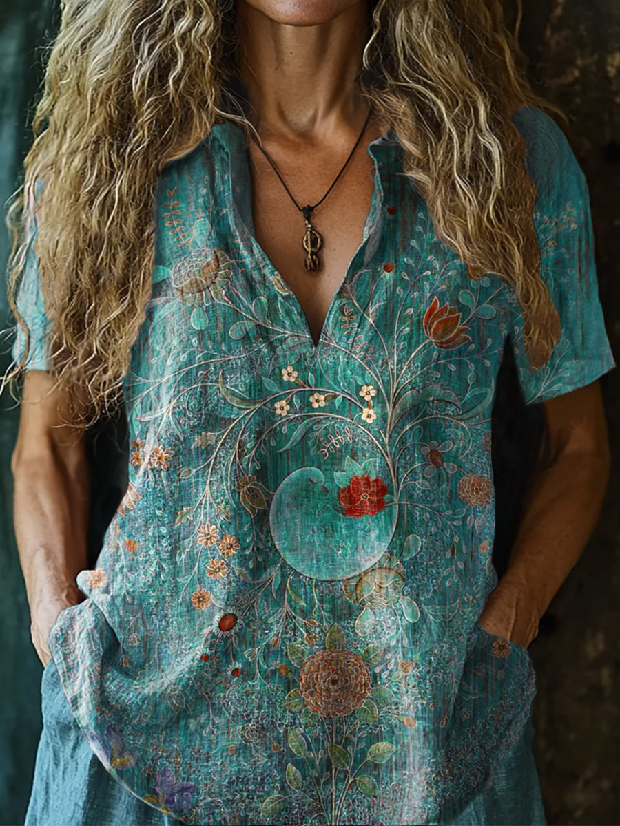 Women's Vintage Floral Art Print Casual Short Sleeve Comfortable Cotto