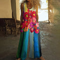 Women's Oil Painting Flower Art Print Loose Linen Blend Jumpsuit artswardrobe