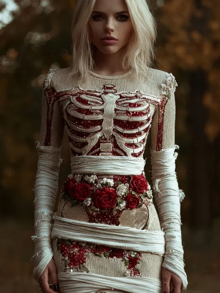 Comstylish Women's Halloween Skeleton Rose Art Slimming Bandage Dress