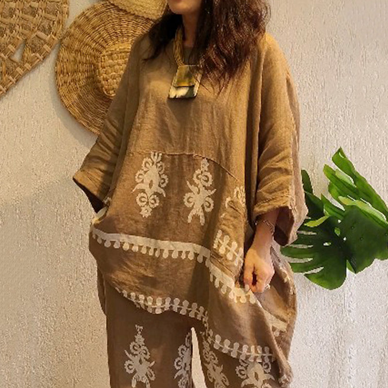 Women's Fashion Ethnic Floral Linen Long Sleeve Pants Two-piece Set artswardrobe