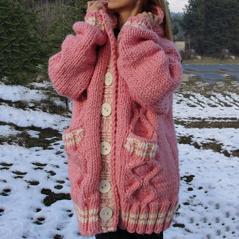 Women's Thick Woven Pattern Pocket Button Sweater Cardigan artswardrobe
