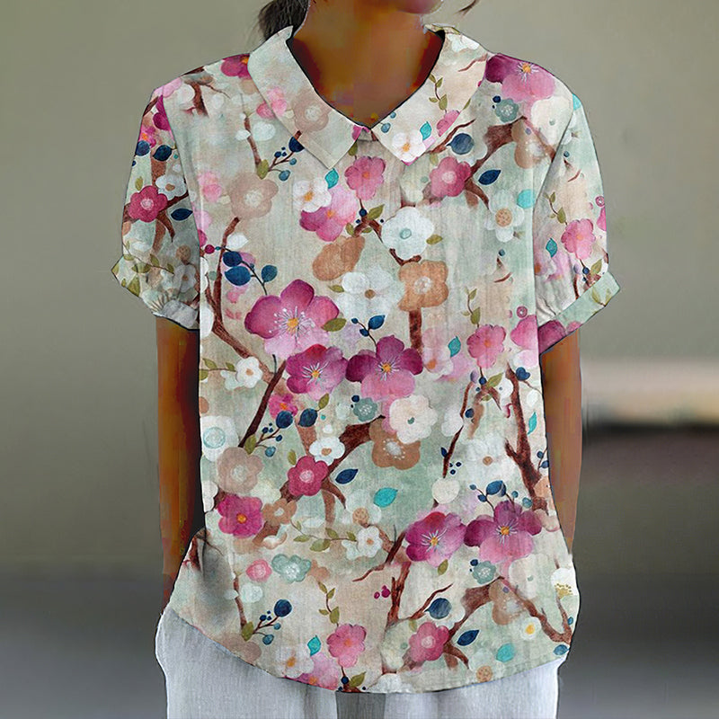 Comstylish Sakura Print Lapel Casual Blouse