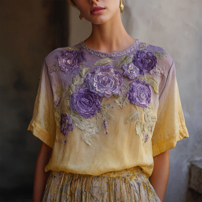 Elegant Boho Purple Roses Embroidered Gradient Linen T Shirt artswardrobe